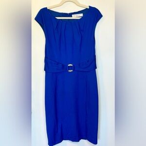 Trina Turk Royal Blue Pleated Belted Midi Dress With Gold Buckle